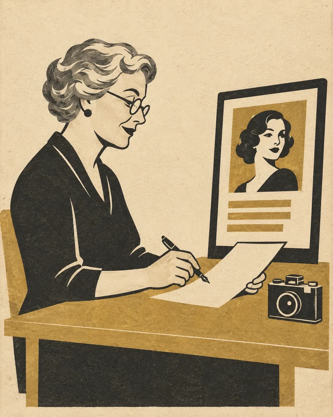 Newspaper-style illustration of an older copywriter editing a photography website, printed in charcoal and gold on cream paper.