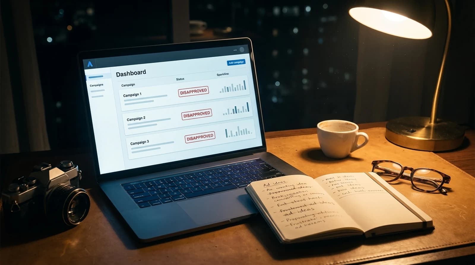Boudoir studio desk at night with laptop showing disapproved ad campaigns