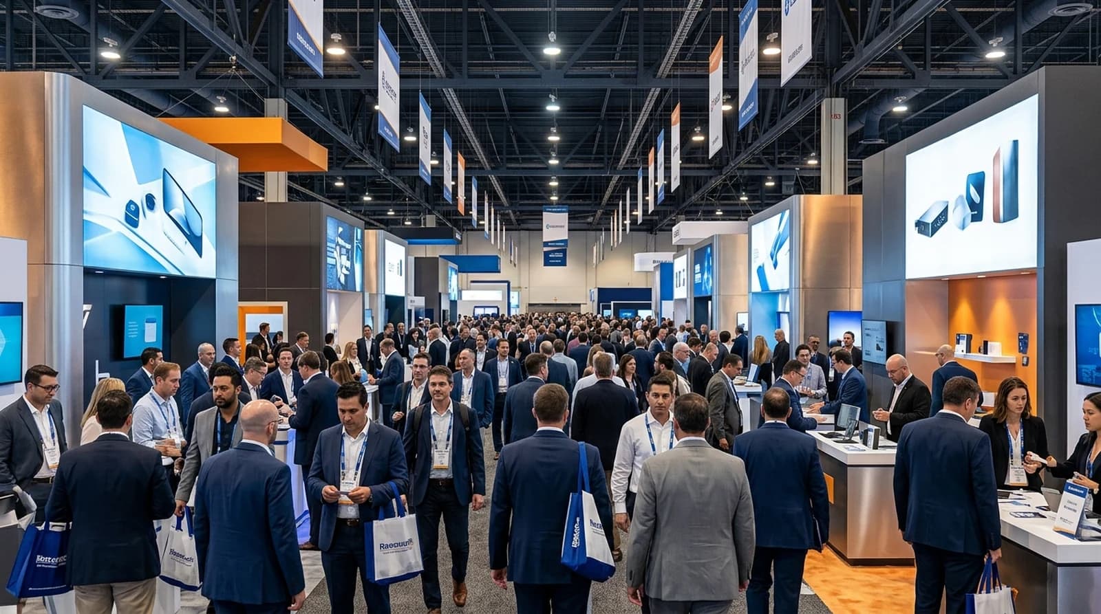 Corporate conference hallway — professionals networking between sessions, wide shot with branded signage and clean venue lighting
