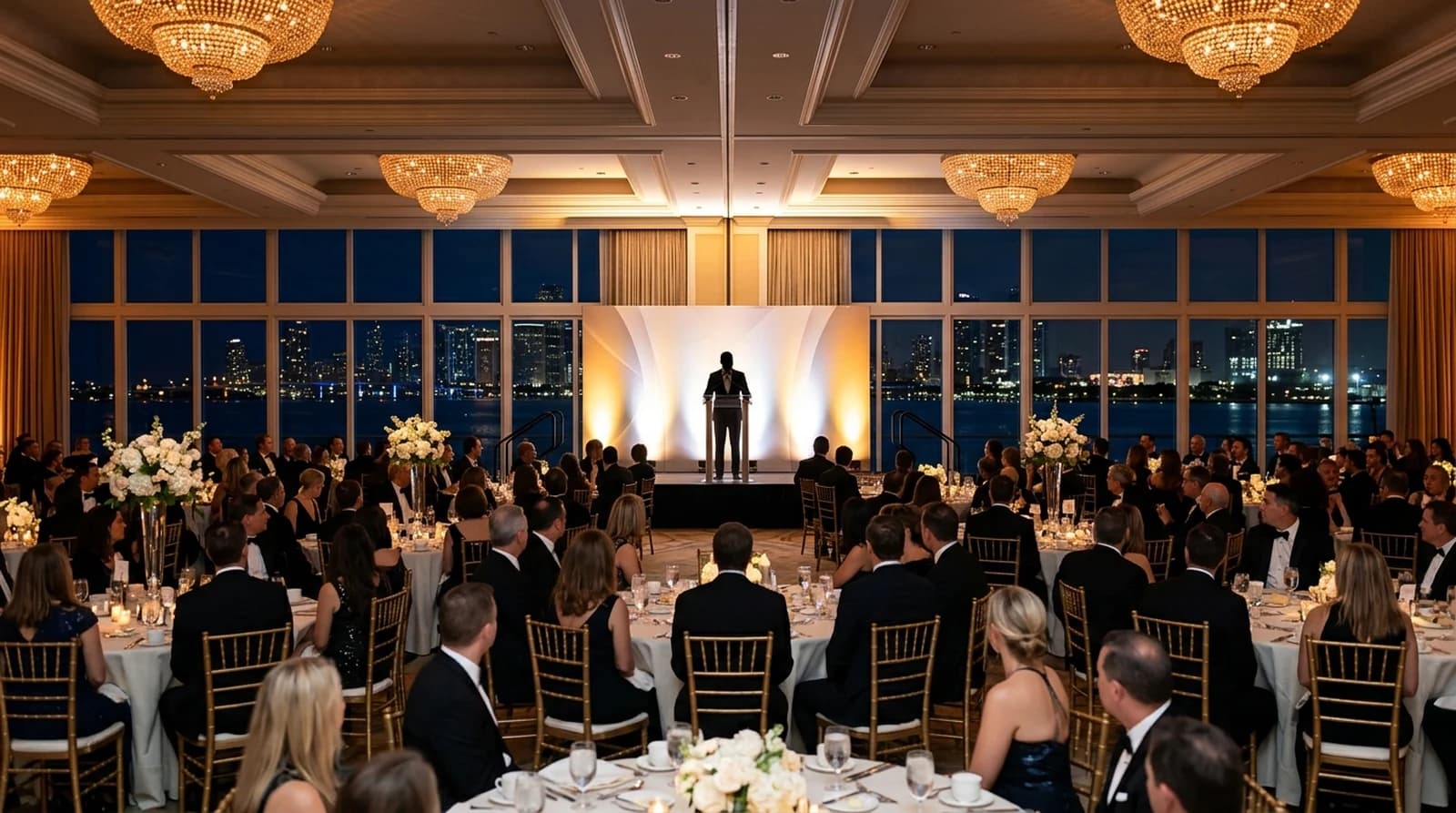 Corporate event speaker at a branded stage — professional lighting, clean venue, audience visible