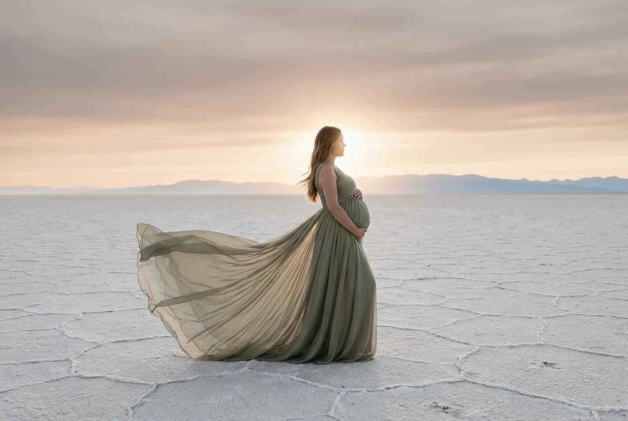 Pregnant woman in a sage green chiffon gown with a massive flowing train on the Bonneville Salt Flats at golden hour, backlit by the setting sun — the editorial scale of sessions this system was built to book