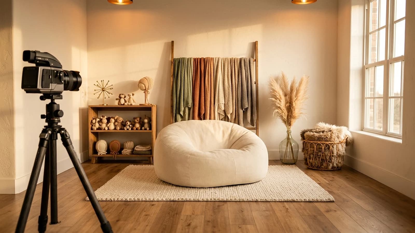 Modern newborn photography studio with posing bean bag and textured wraps