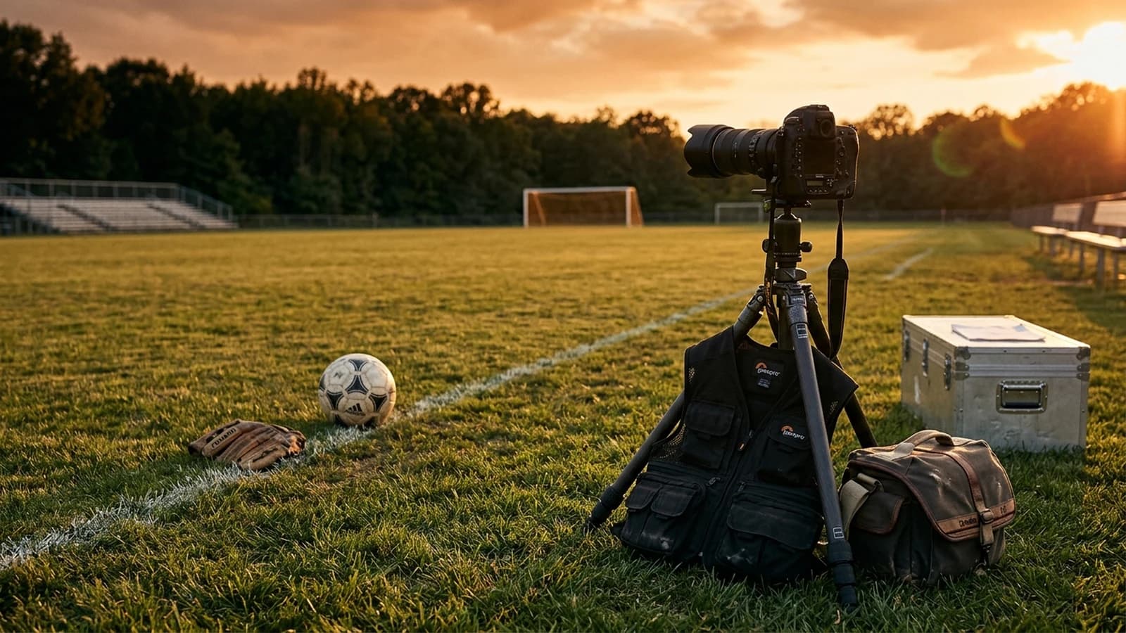 Empty youth sports field at golden hour with camera on monopod and team equipment