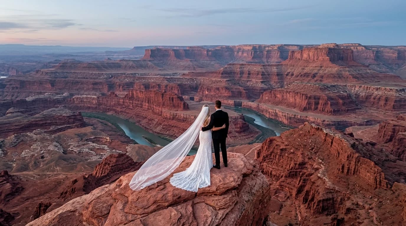 Aerial drone shot of a bride and groom at a red-rock canyon elopement — the scale of the work the system was built to book