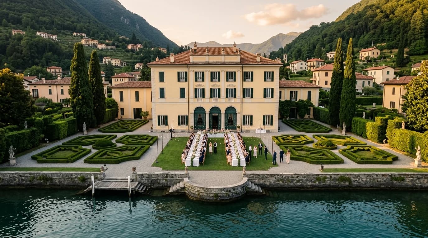 Aerial drone view of a Lake Como villa wedding reception on the lawn — the tier of booking the system was built to fill
