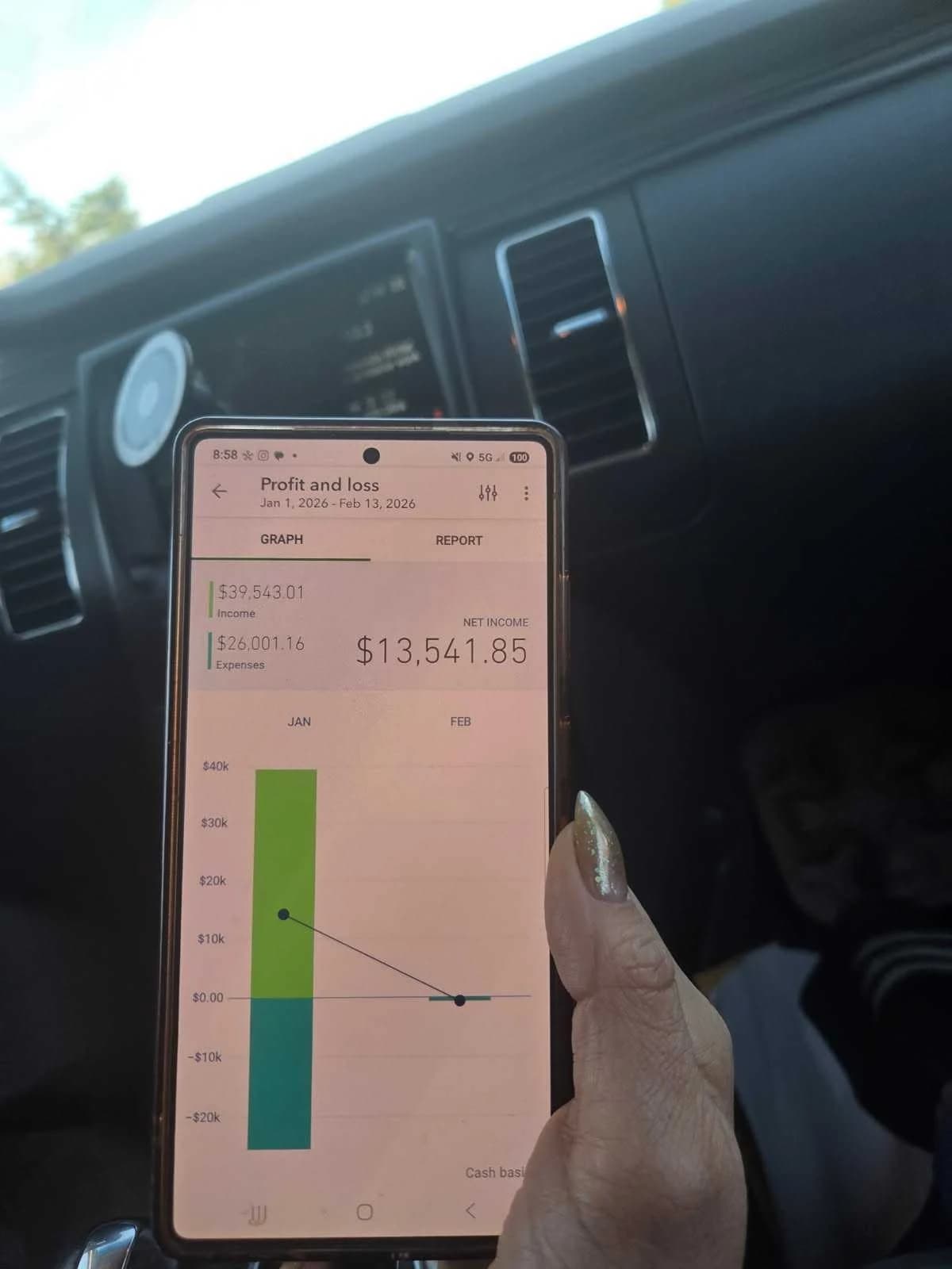 Casey Quist's QuickBooks Profit & Loss for January 1–February 13, 2026, showing $39,543 income and $13,541 net profit
