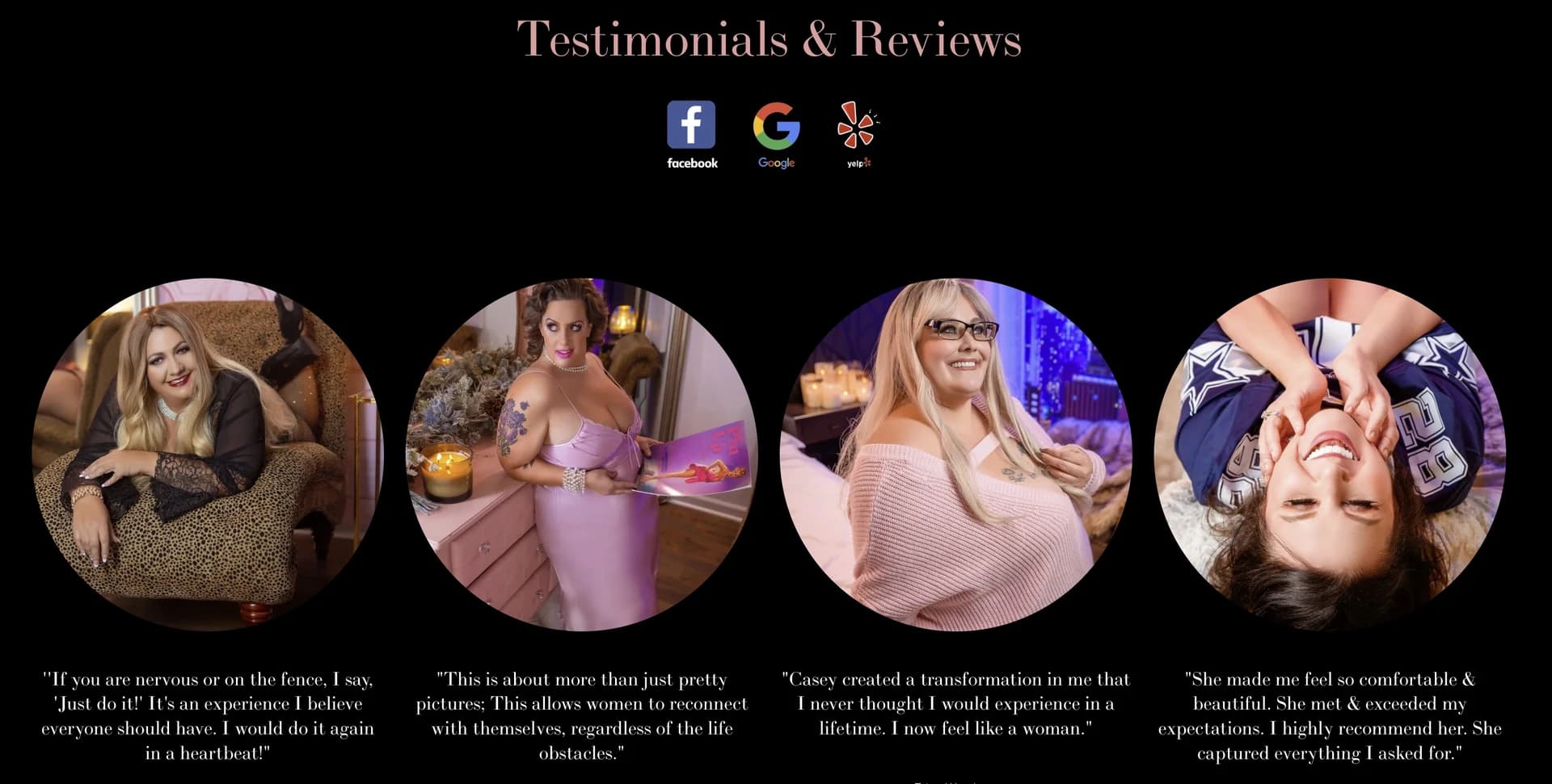 Casey Quist's website Testimonials & Reviews section — four real client portraits with quotes plus Facebook, Google, and Yelp review logos