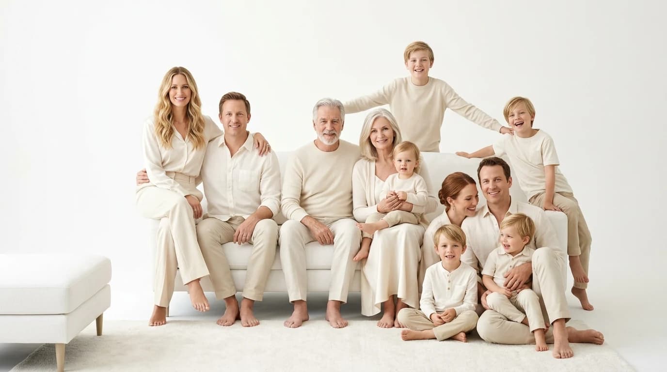 Three-generation editorial family portrait on a white studio backdrop — grandparents, parents, and five children in cream and ivory editorial wardrobe