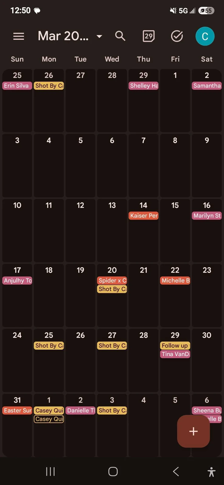 Casey Quist's booking calendar in January 2024, nearly empty with only a handful of session inquiries