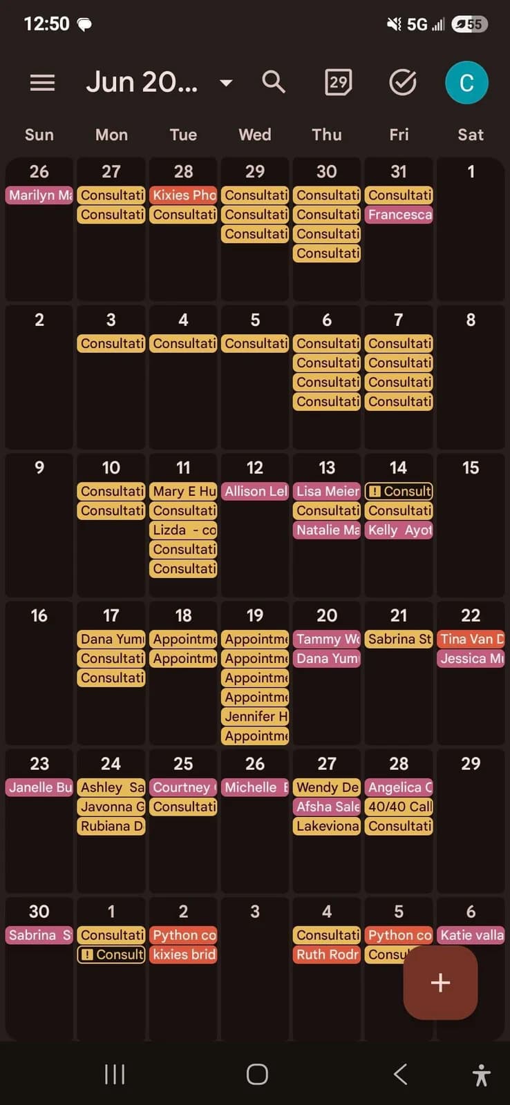 Casey Quist's booking calendar in May 2024, covered in yellow dots representing 50+ session inquiries