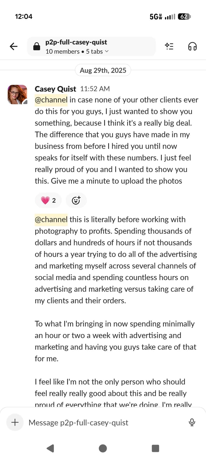Casey Quist's Slack message to the Photography to Profits team on August 29, 2025 — sharing her before and after results and thanking the team