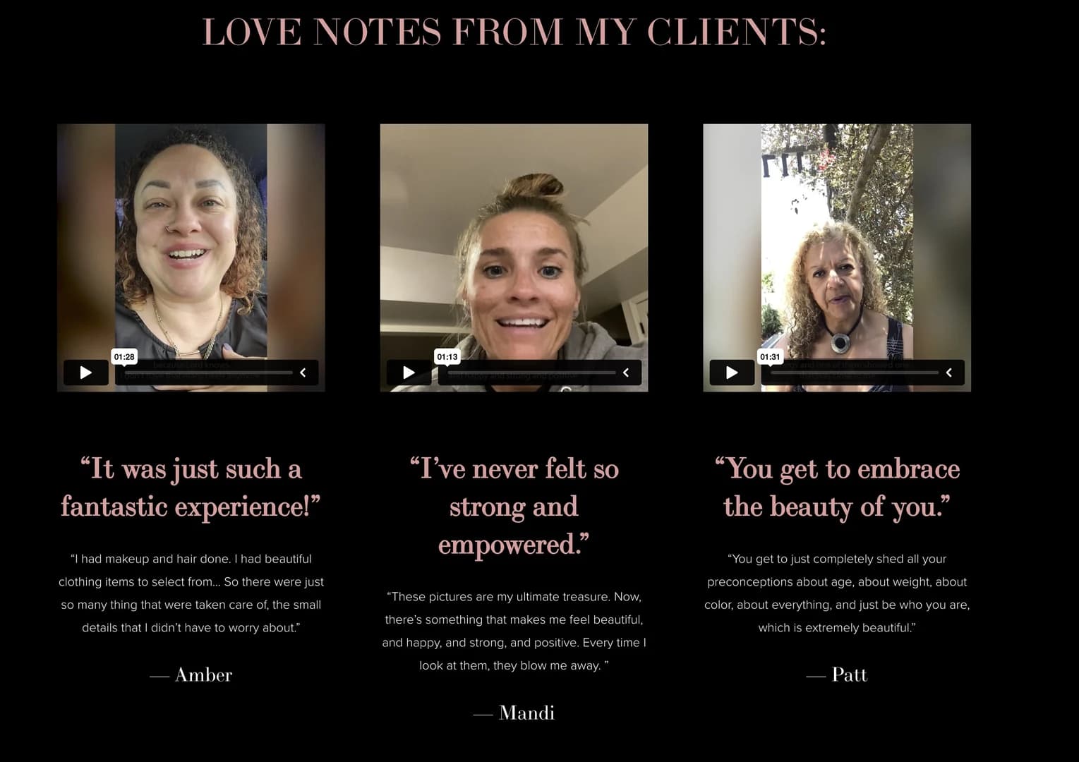 Casey Quist's website Love Notes section — three video testimonials from real clients with quote text