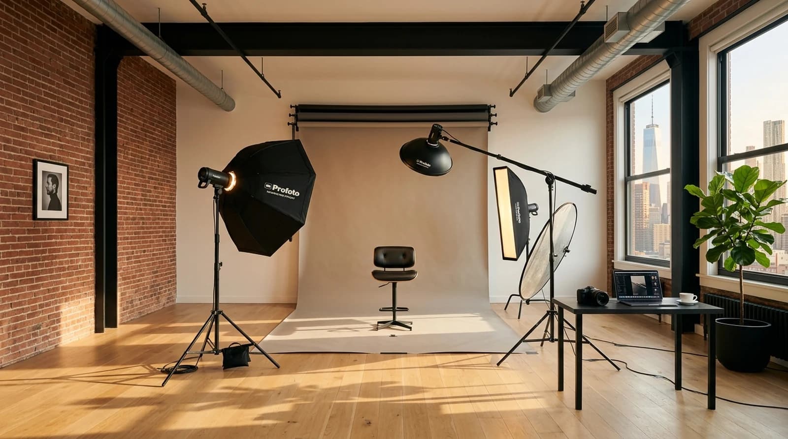 High-end NYC Tribeca headshot studio — Profoto lighting, seamless backdrop, cast-iron loft architecture, the premium environment the system was built to fill