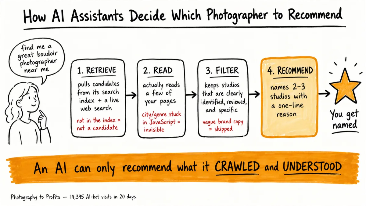 How AI assistants like ChatGPT decide which photographer to recommend: retrieve, read, filter, recommend