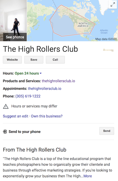 Google My Business The High Rollers Club profile account page photography marketing strategy